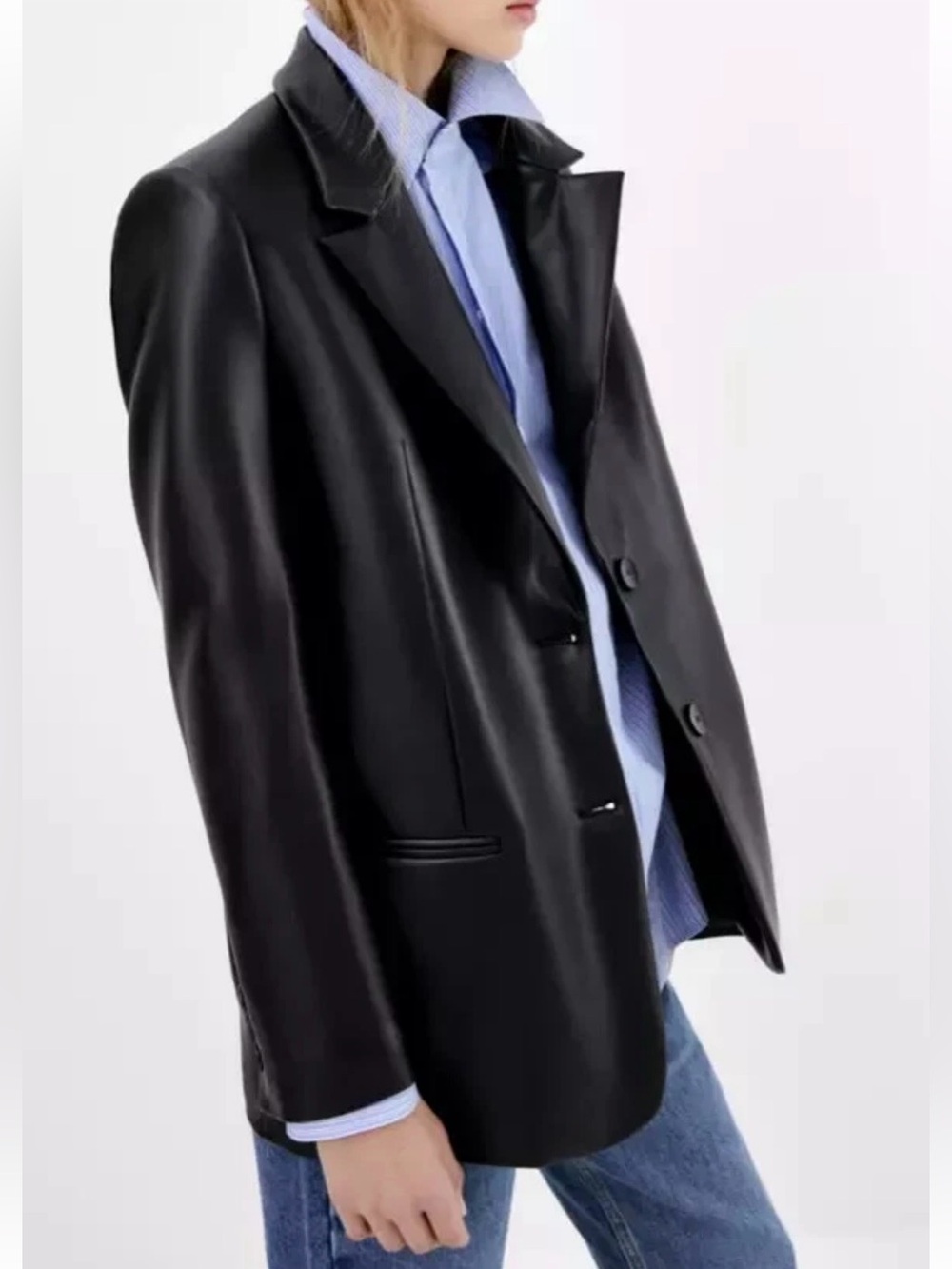 Zara Black Faux Leather Oversized Menswear Style Blazer Jacket